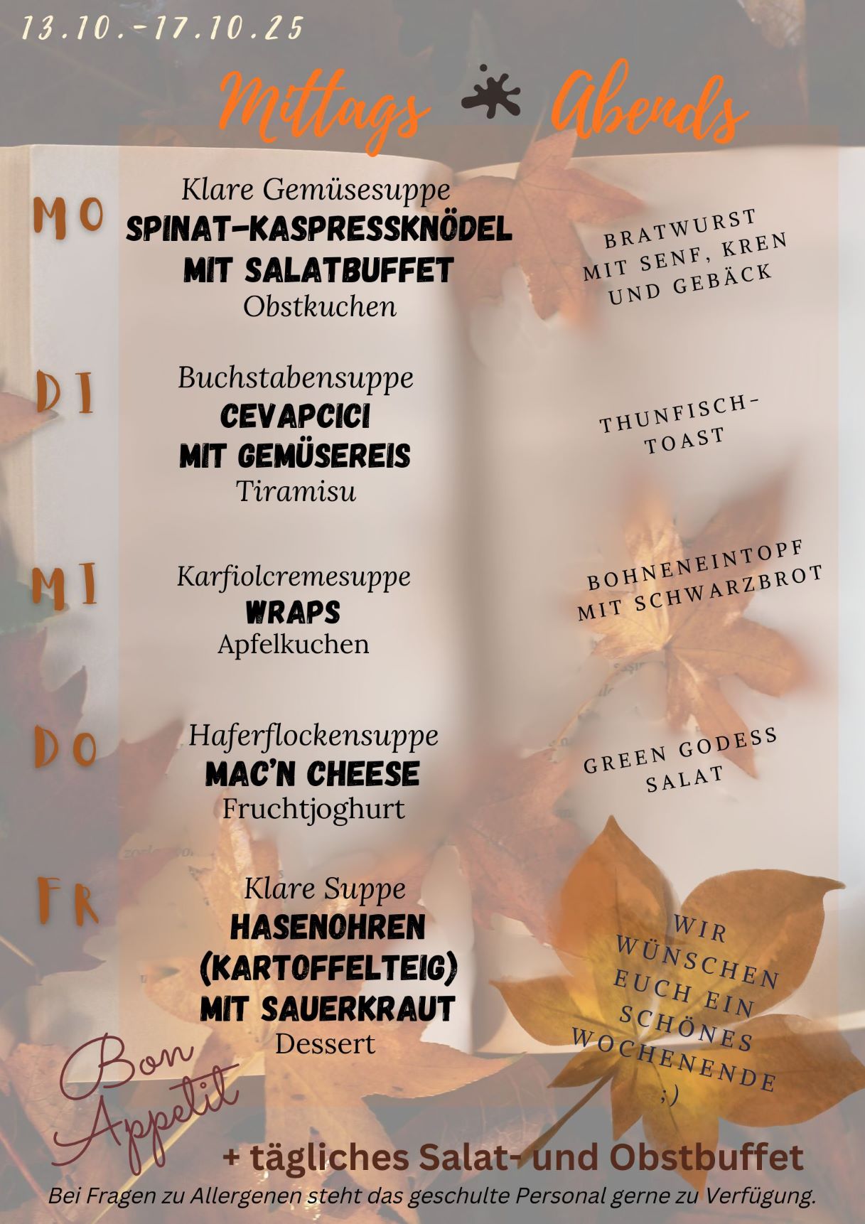 Menüplan 13.Okt.- 17.Okt. 2025