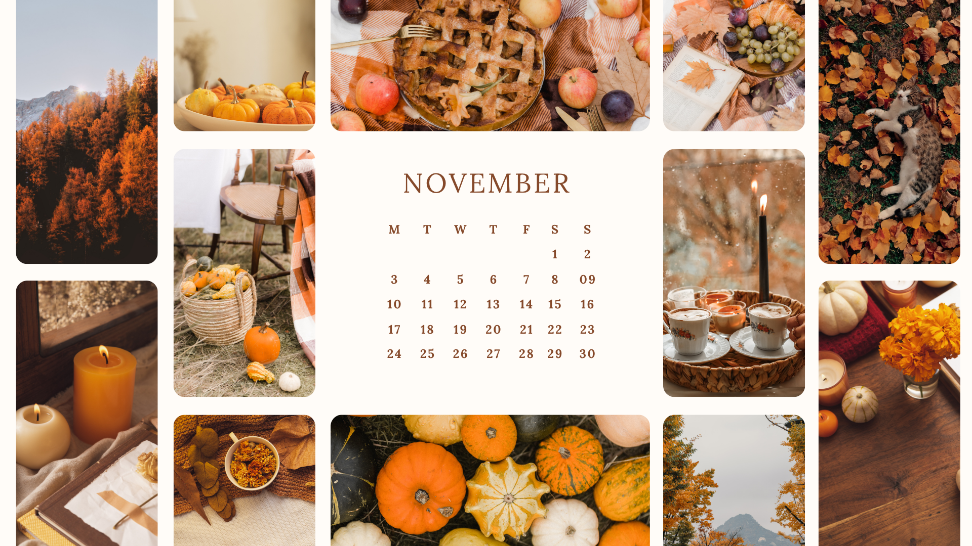 Zu sehen ist ein Novemberkalender mit kleinen Herbstbildern im Hintergrund