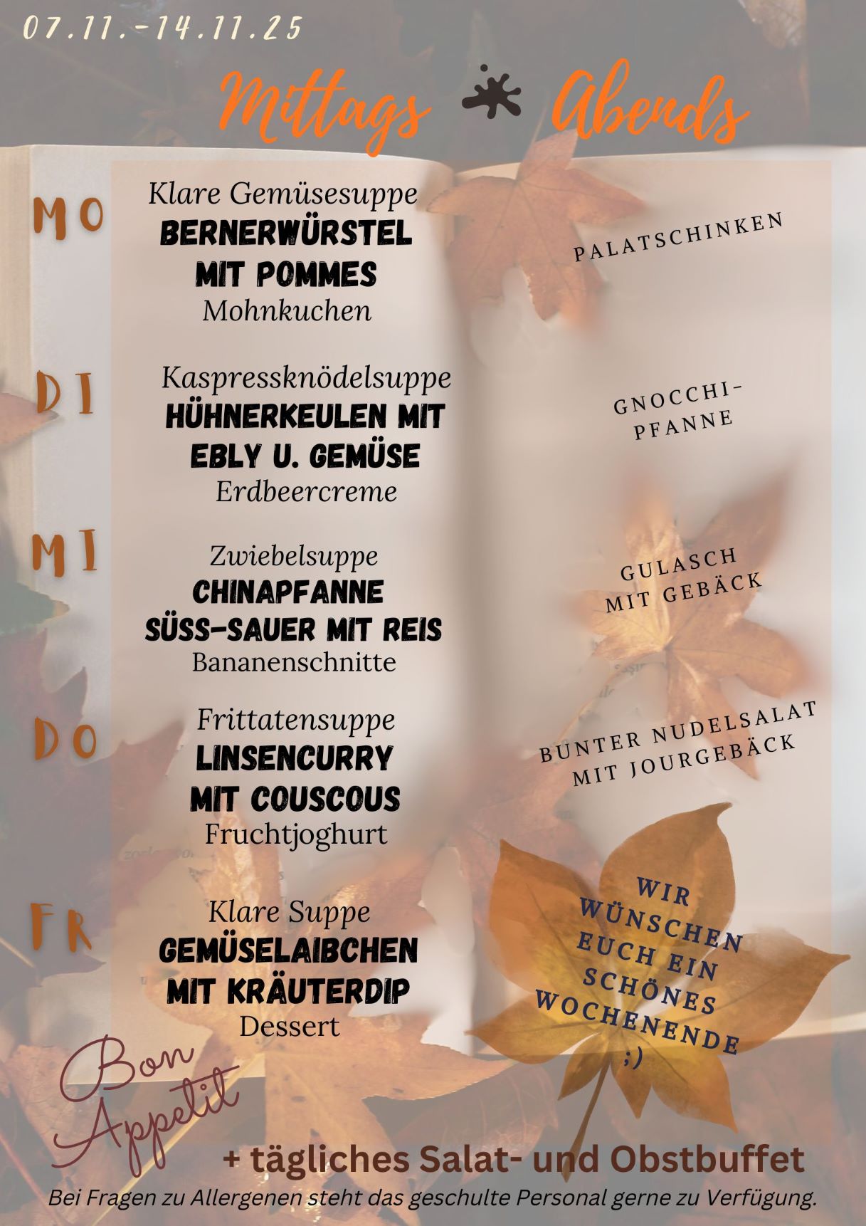 Menüplan 07. Nov- 14.Nov 2025