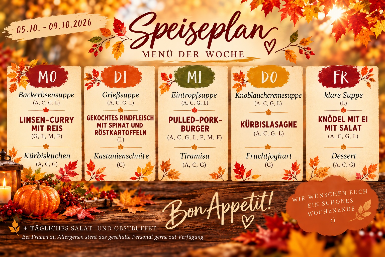 Unser Speiseplan für die Kalenderwoche 41 2026 mit herbstlichem Blätter-Hintergrund Montag:Linsen-Curry mit Reis Dienstag:Gekochtes Rindfleisch mit Spinat und Röstkartoffeln Mittwoch:Pulled-Pork-Burger Donnerstag:Kürbislasagne Freitag:Knödel mit Ei