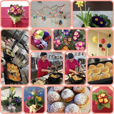 Photocollage der Faschingszeit mit Dekoration, Blumen und Krapfen