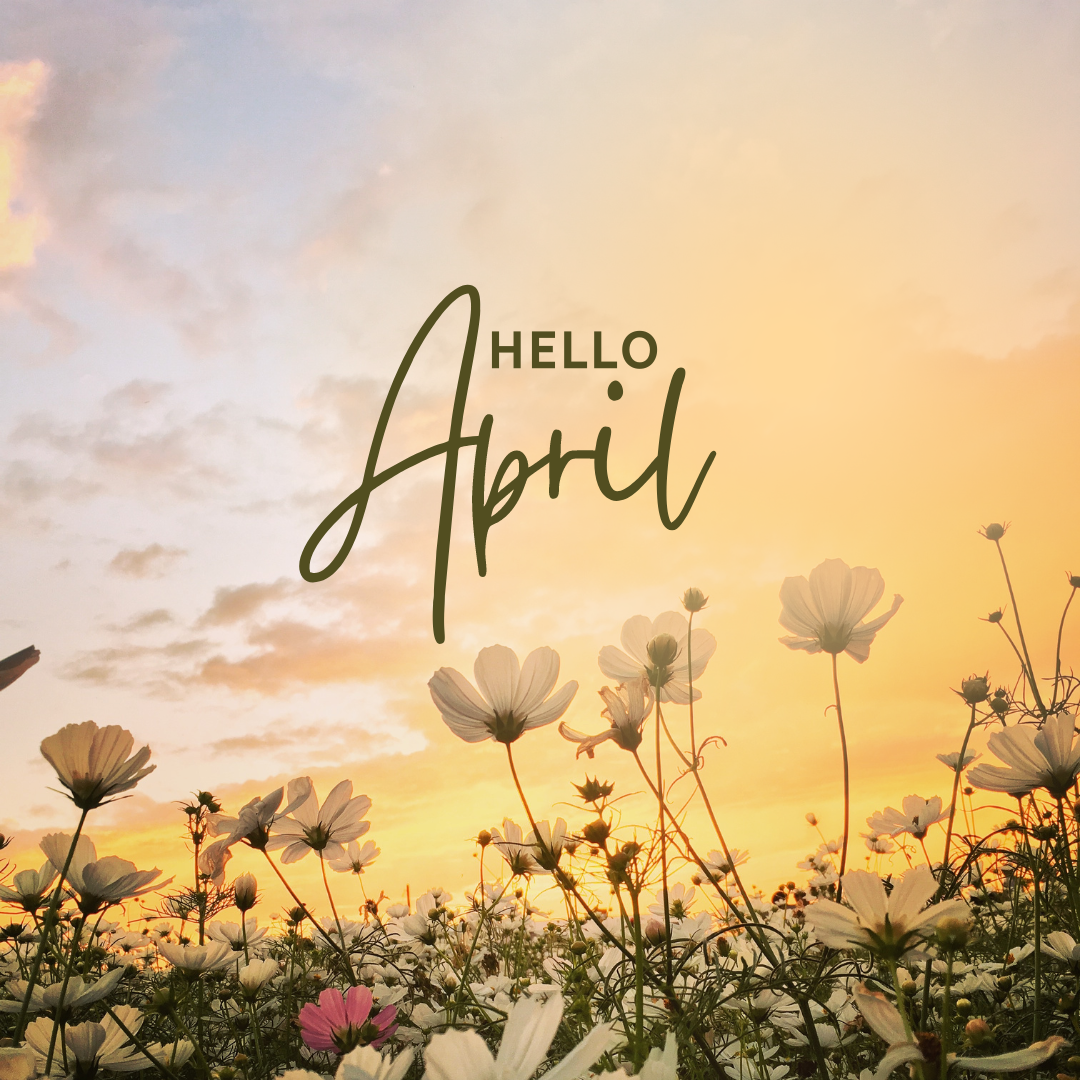 "Hello April" - im Hintergrund der Himmel mit einer Blumenwiese