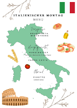 Italienischer Montag, 15.04.2024
 Bruscetta, Minestrone, Nudelbuffet, Tomaten, Mozzarella, Grüner Salat
 Panna Cotta
 Abend
 Risotto, Grüner Salat
 