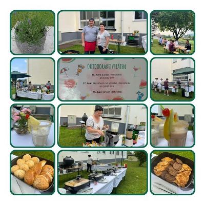 Photocollage: Zu sehen sind unsere Schüler*innen und das Wirtschafsteam beim Burger grillen im Outdoorbereich.