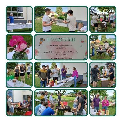 Photocollage: Zu sehen sind unsere Schüler*innen und das Jugendhaus-Team beim Anheizen der Feuerschale mit Stockbrot und Würsteln.